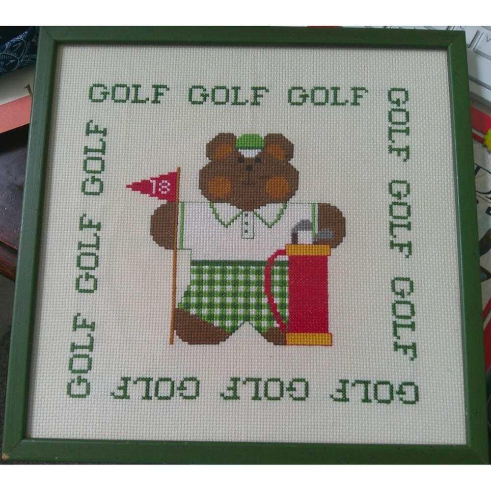VINTAGE 1984  COMPLETED FRAMED COUNTED CROSS STITCH  GOLF BEAR  11 x 11"